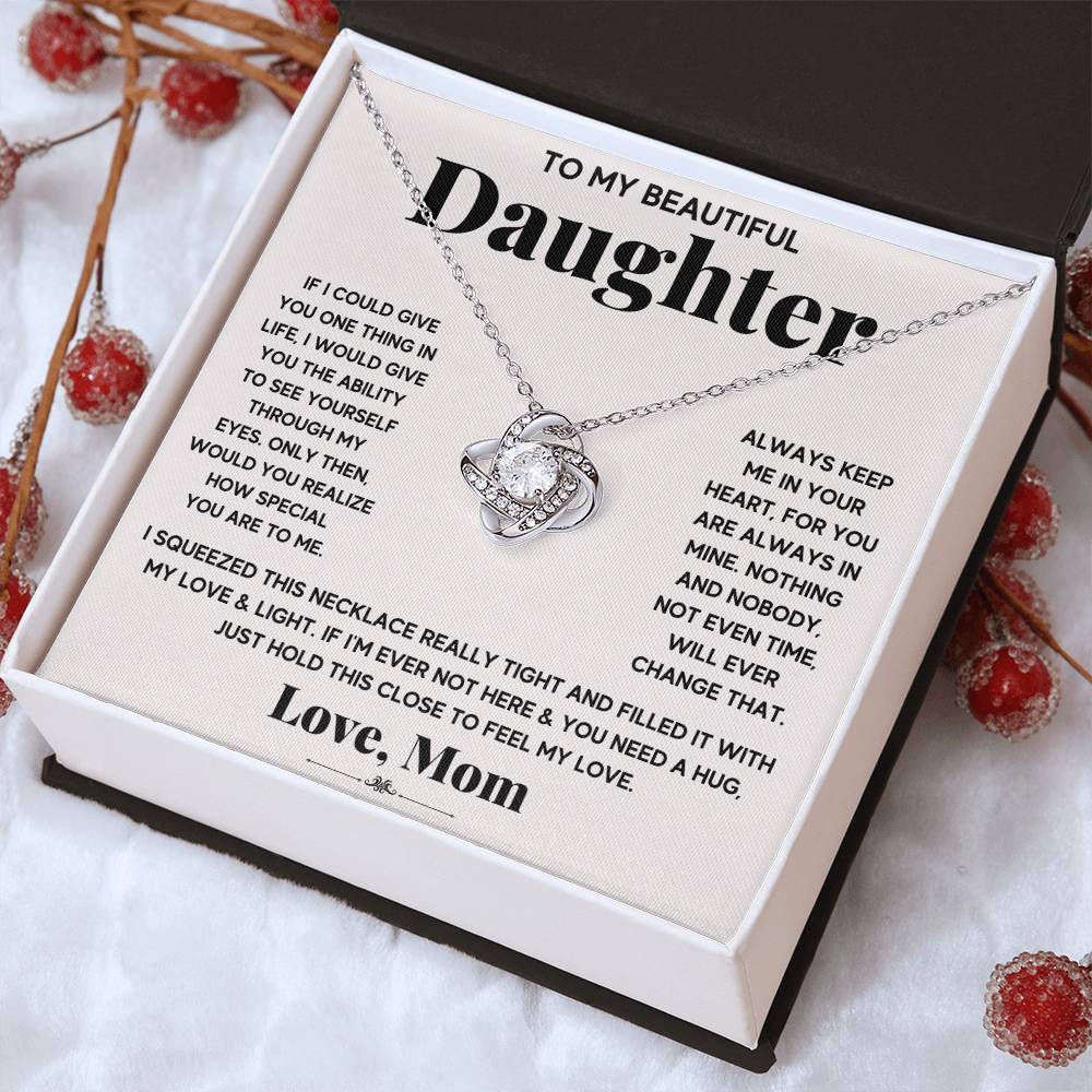 Daughter Love Knot Necklace | CZ Crystal Pendant | Comforting Gift from Mom