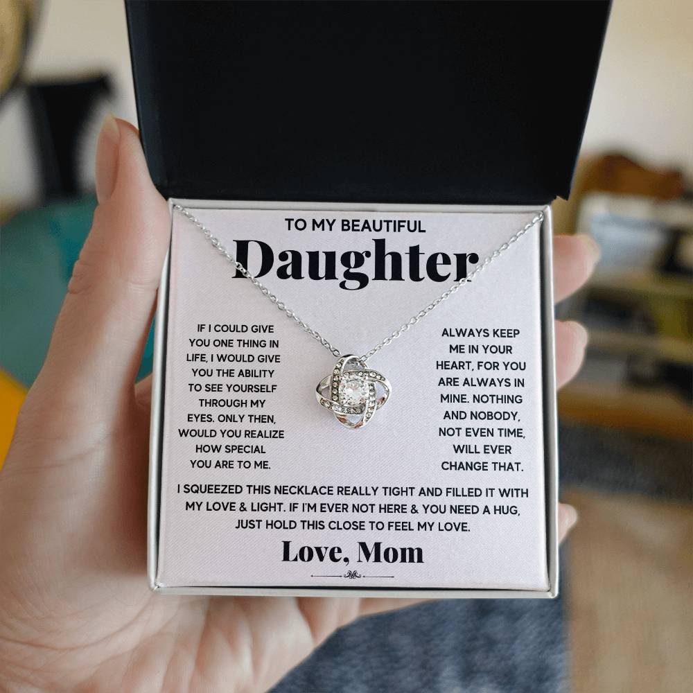Daughter Love Knot Necklace | CZ Crystal Pendant | Comforting Gift from Mom