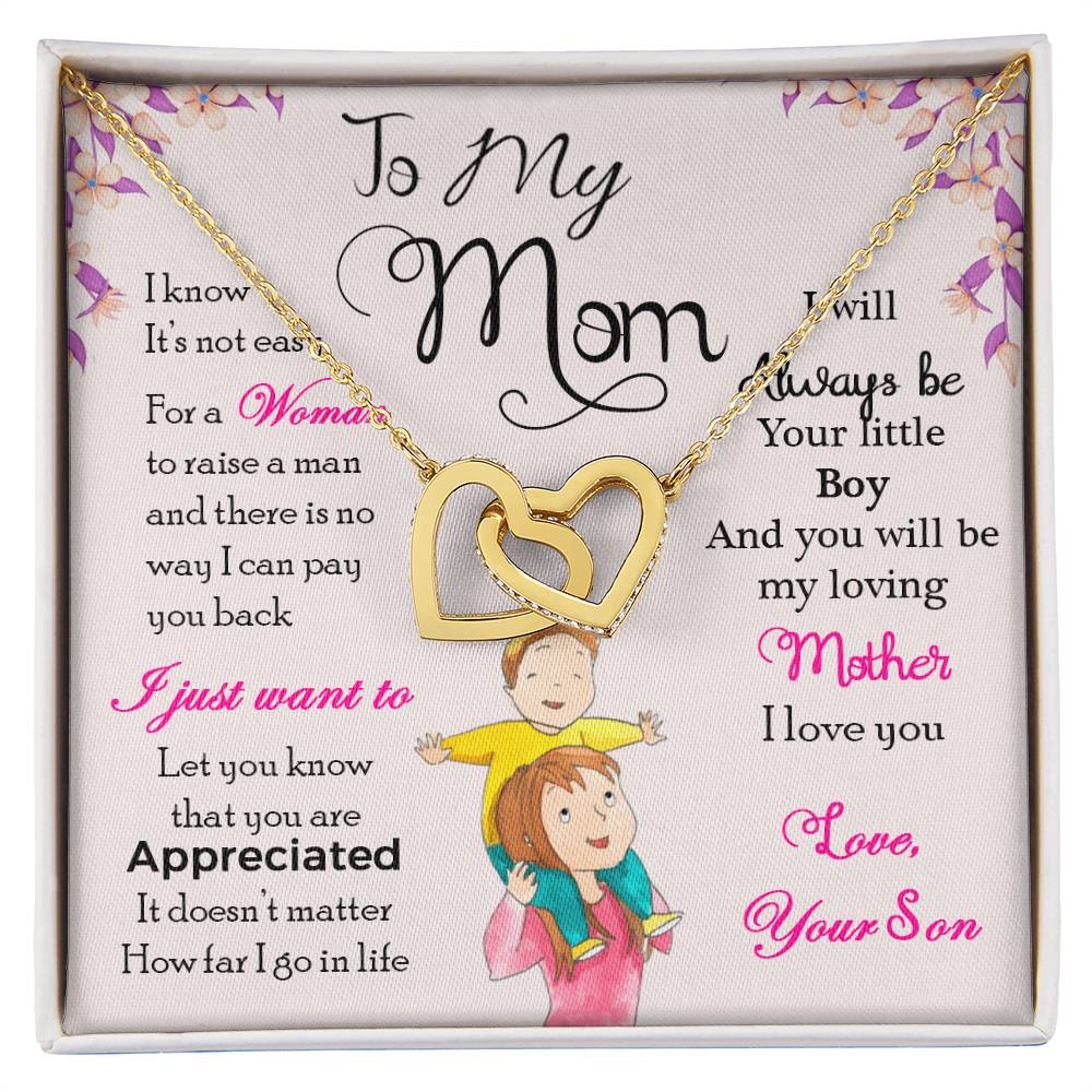 Mom Interlocking Hearts Necklace | CZ Crystal | Son to Mother Gift