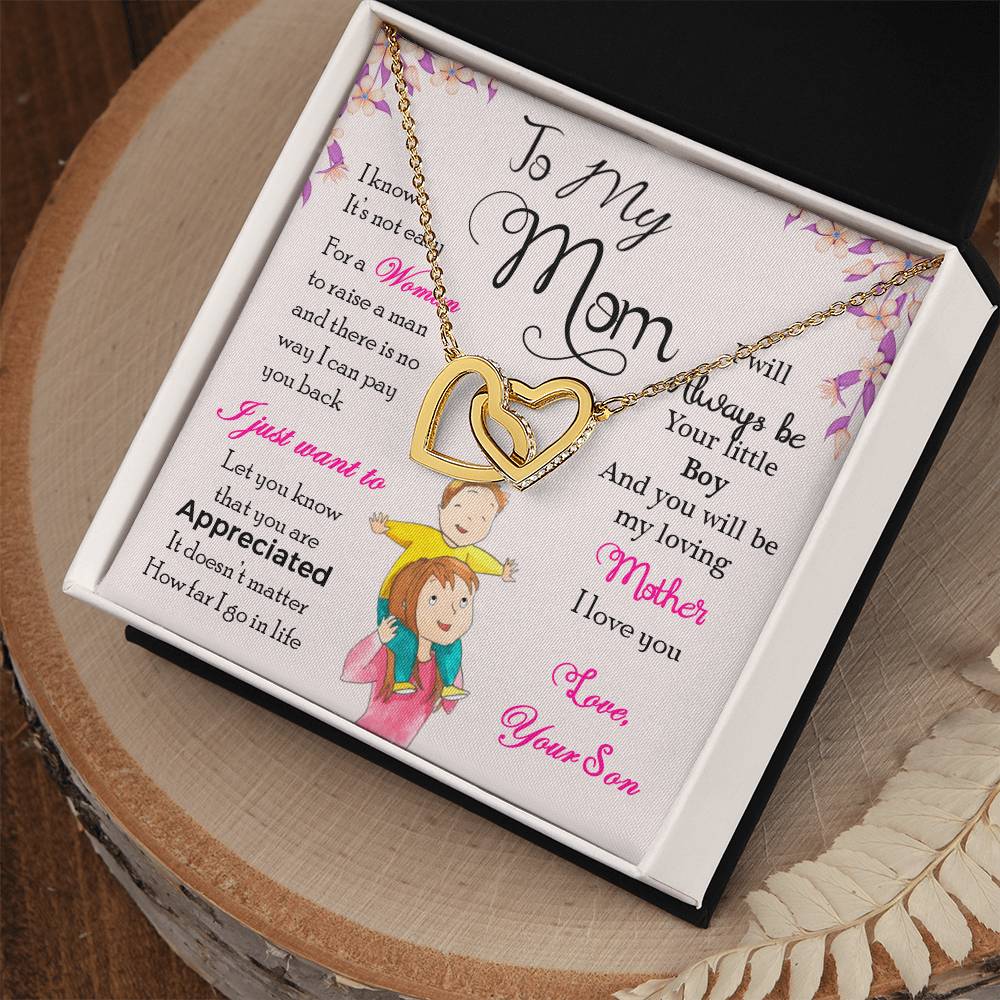 Mom Interlocking Hearts Necklace | CZ Crystal | Son to Mother Gift