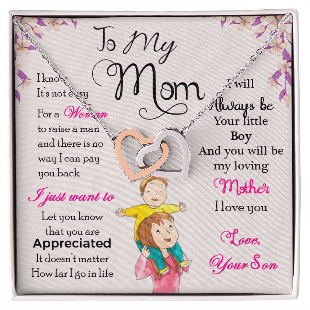 Mom Interlocking Hearts Necklace | CZ Crystal | Son to Mother Gift