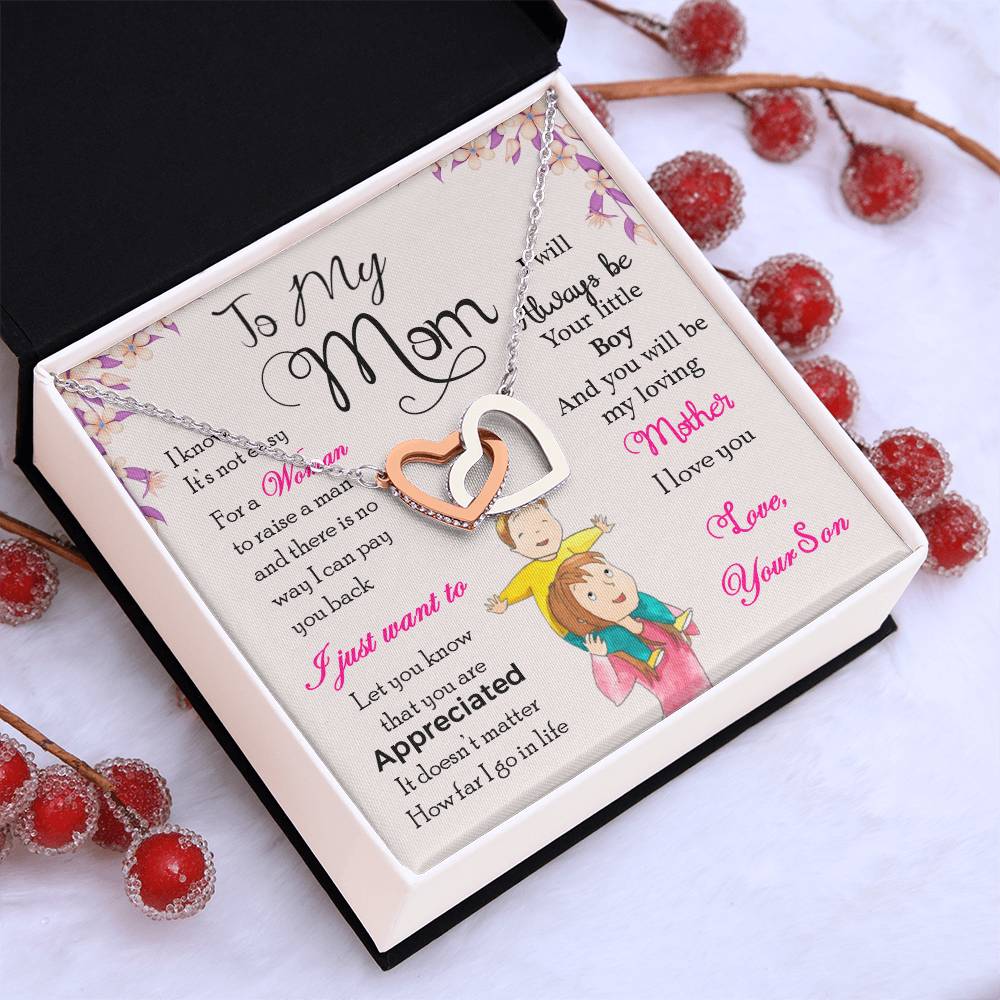 Mom Interlocking Hearts Necklace | CZ Crystal | Son to Mother Gift