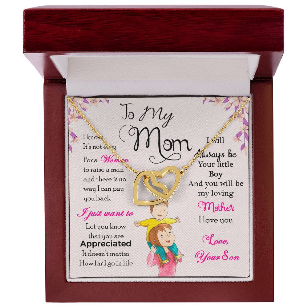 Mom Interlocking Hearts Necklace | CZ Crystal | Son to Mother Gift