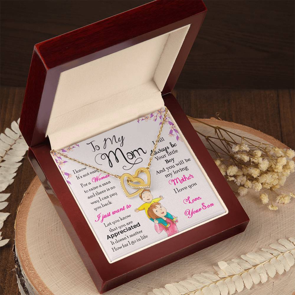 Mom Interlocking Hearts Necklace | CZ Crystal | Son to Mother Gift