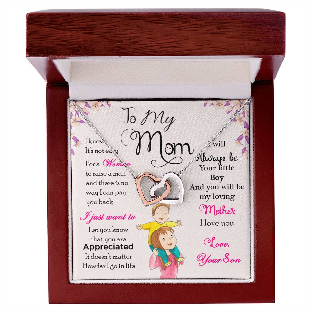 Mom Interlocking Hearts Necklace | CZ Crystal | Son to Mother Gift